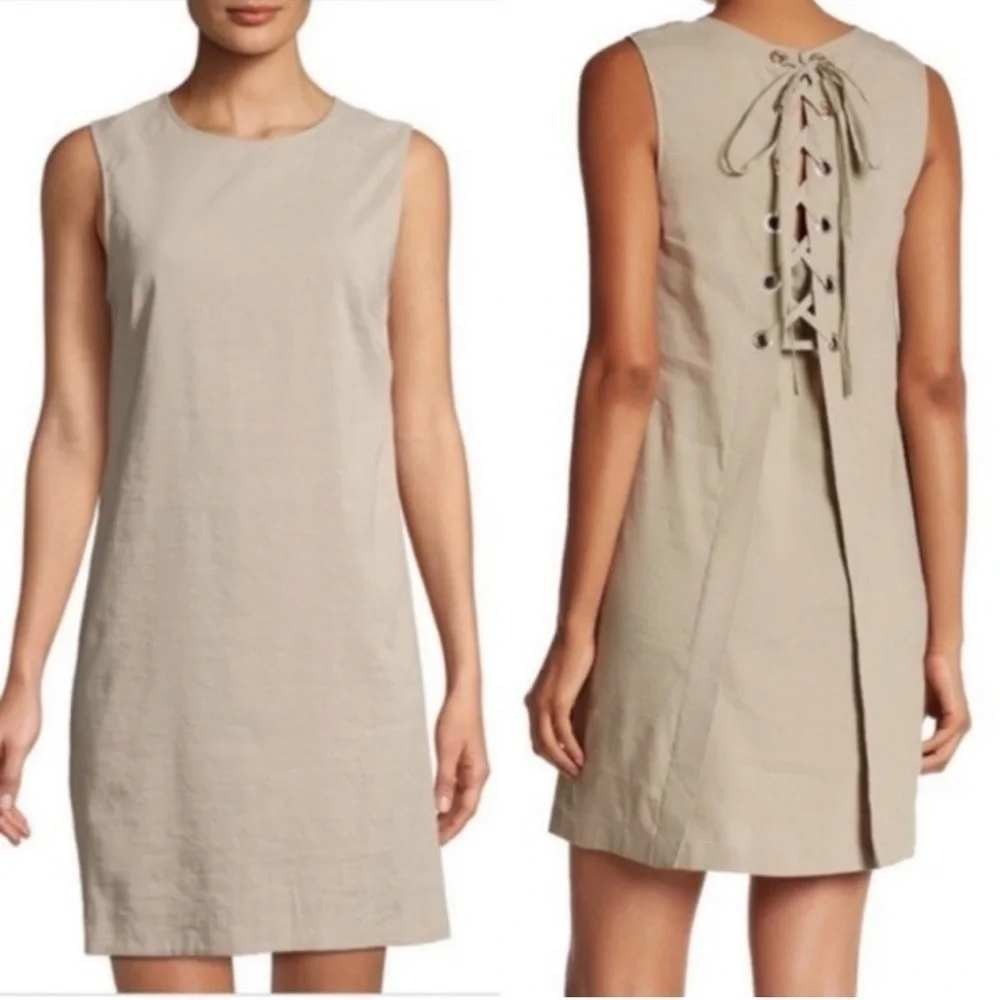 Theory Lace Back Raglan Dress Caliver Tan Linen Blend Shift Mini Size 8 I0103646